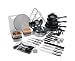 Kitchen Essential 50 Piece Steel n Non Stick Starter Cookery Set (16, 18, 20cm Saucepans, 24cm Frying Pan, colander, 6 Knives, 16 piece cutlery set, tray, plastic slotted and solid spoon, turner masher, ladle, kitchen timer, splatter guard, wine rack, 2 egg cups, bottle opener, chopping board, pizza cutter, can opener, scissors, peeler, hanging rack and 4 food containers)