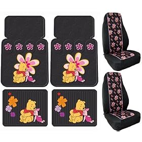 Winnie the Pooh & Piglet Paradise 6pc Combo Set Front & Rear Floor Mats & Seat Covers Plus Bonus License Plate Frame