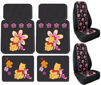 Winnie the Pooh & Piglet Paradise 6pc Combo Set Front & Rear Floor Mats & Seat Covers Plus Bonus License Plate Frame