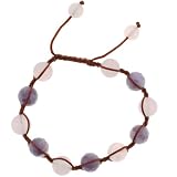 Stone Corded Bracelet - 10mm Rose Quartz and Faceted Amethyst Round Beads with Brown Cord - 7 Inch Adjustable Cord