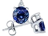 2.06 cts Genuine 6mm Round Sapphire and Diamond Stud Earrings - 14kt White or Yellow Gold