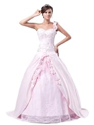 Satin Beaded Lace Sweetheart Floral Print  One Shoulder  Ball Gown Quinceanera Dress  with a Brush/Sweep Train 