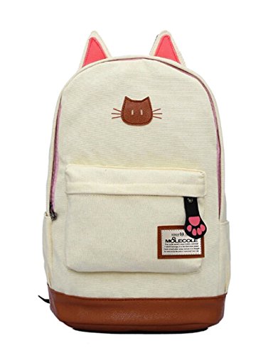 Moolecole Leather & Canvas Backpack School Bag Laptop Backpack with Cat s Ears Design,set with 1pc Wallet (Beige)