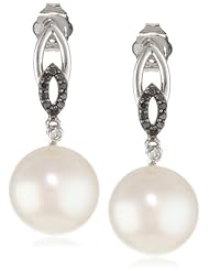 10K White Gold 10.5 - 11mm Freshwater Cultured Pearl and Black and (0.1 cttw, G-H Color, I1-I2 Clarity) White Diamond Earrings