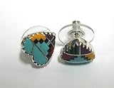 Native American Sterling Silver Multi Stone Inlay Post Earrings in Heart Shape