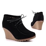 Damen Schuhe, STIEFELETTEN, KEIL WEDGES ANKLE BOOTS, Q99-2, Synthetik in hochwertiger Wild Leder Optik, Schwarz, Gr 39