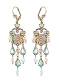 Michal Negrin Dramatic Dangle Earrings Decorated with Hand Painted Flowers, Blue, Light Pink, Brown, Grey Swarovski Crystals, Suspended Beads and Tear Drops