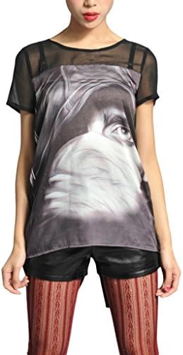 Parabuy Women's Figure Print Crew Neck Lace Split Joint Short Sleeve T-shirt, Black, 2