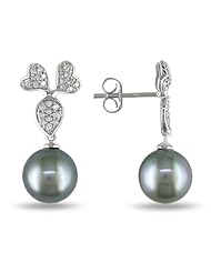 14k White Gold Tahitian Pearl Dangle Earrings (8.0-8.5mm, 1/4 Cttw, G-H Color, I1-I2 Clarity)