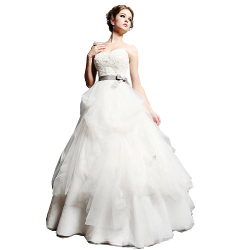 GEORGE BRIDE A-Line Strap Natural Waistline Beaded Lace Bodice Chapel Train Satin Tulle Wedding Dress