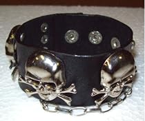 Black Leather Skulls & Chains Wrist Band Bracelet Goth