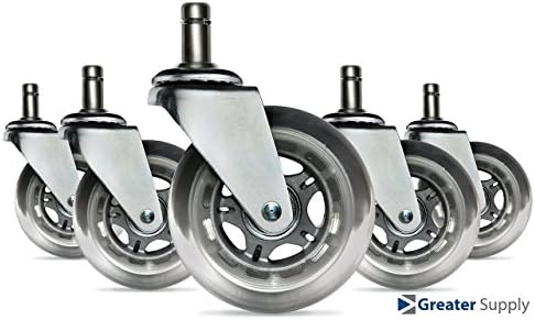 Premium Office Chair Wheels - Modern Silver Rollerblade Style 3'' High Caster Wheel Replacements - Heavy Duty Smooth &amp; Quiet Gliders - Protects Hardwood Floors - Universal Fit Stem - Set of 5