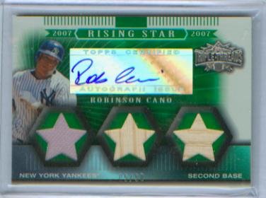 Robinson Cano Autograph 2007 Topps Triple Threads Baseball Card #126 & #05/50 Signed w/ Two Piece Game Used Bat & Game Worn Jersey Swatch / New York Yankees