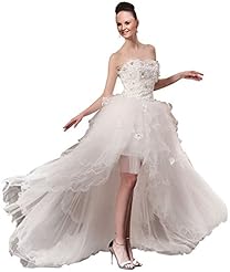 A-line Strapless  Crystal Lace Applique Beaded High-Low-Hem  Ball Gown Wedding Dress 