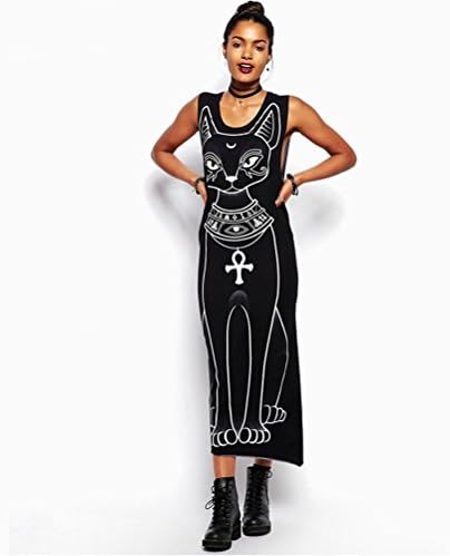 Sleeveless T-shirt Long Dress Luna Cat Knitted Top Vest Full Length Skirt Dress (Xxl)