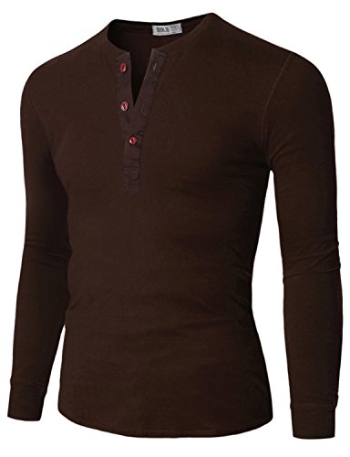 H2h mens long sleeve slim fit henley shirts brown, medi…