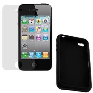 GTMax Black Soft Rubber Silicone Skin Cover Case + Clear LCD SCreen Protector for Apple iPhone 4 4G 16GB / 32GB 4th Generation