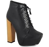 WOMENS LADIES BLACK LACE UP CONCEALED PLATFORM WOODEN BLOCK HEEL SHOES BOOTS 3-8