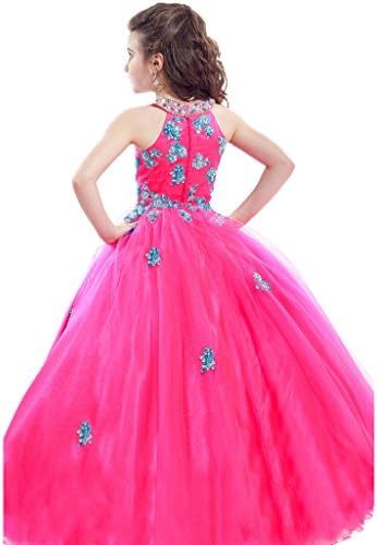 XWHT Girls' High Neck Applique Pageant Dresses Toddler Girls Ball Gown 10 US Hot Pink