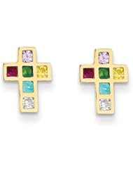 MadiK® Kids 14k Yellow Gold Multi Colored CZ Religious Cross Post Earrings