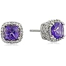 10k White Gold, February Birthstone, Amethyst and Diamond Cushion Earring