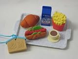 Iwako Japanese Miniature Doll House Erasers, Bread, Milk, French Fries, Hot Dog with Tray.