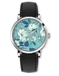 SPRAWL Aanalog Fashion Series Silver Ladies Watches of Genuine Black Leather Strap,Unique Wrist Watch for Women Girls Designed with White flowers and leaves
