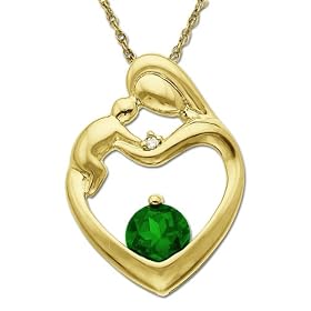 Buy 10k Yellow Gold Round Lab Created Emerald and Diamond Accent Mother and Child Heart Pendant, 18 by Amazon.com Collection