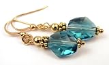  Damali 14K Gold Dangle Earrings Blue Zircon December using Genuine Swarovski Crystal Elements - 1 Inch