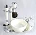 Shaving Gift Set with Badger Brush, Stand, Soap Bowl, Bowl Cover and Mirror and Mach 3 Razor Handle. White Pearl Finish, Great Fathers Day or Christmas Gift.