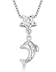 14K Italian White Gold Diamond Cut Star And Dolphin Pendant Necklace (16"), Women Girl Jewelry in Gift Box