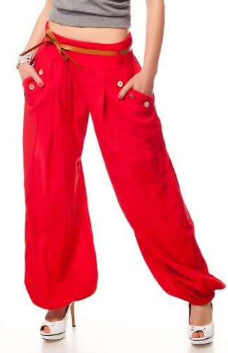 Aladin Sarouel Casual Pants Trousers with Deco Buttons & Belt (One Size, Red)