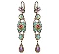 Michal Negrin Marvelous Dangle Earrings Ornate with Hand Painted Flowers, Rose Ornament, Blue and Light Purple Swarovski Crystals and Tear Drop Accent; Victorian Elegance