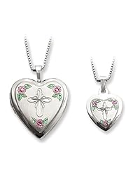 Sterling Silver Cross & Flowers Heart Locket & Pendant Necklace
