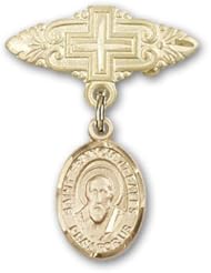 Gold Filled Baby Badge with St. Francis de Sales Charm and Badge Pin with Cross