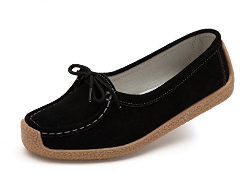 SUNROLAN Women's Suede Leather Lace-Up Slip-On Loafers Moccasins Work Flat Shoes