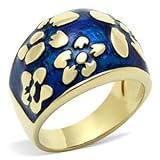 GOLD TONE RING - Blue Enamel Gold Flower Dome Style Ring
