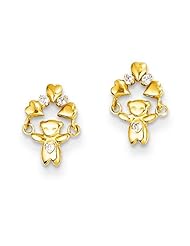 MadiK® 14k Yellow Gold Polished Teddy Bear w/ CZ & Heart Dangle Post Earrings