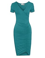 Apparel: Toms Ware Womens Fashionable V Neck Short Sleeve Ruched Dress TWCWD119-TEAL-US XL