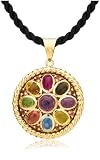 14k Yellow Gold Electroform Rope Design Medallion w/ Cabochon Gemstones and Black Satin Cord, 17
