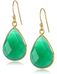 Faceted Green Onyx Pear Shape Bezel with Gold over Silver Ear Wire Drop Earrings