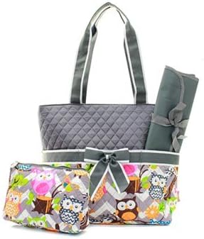 Quilted Chevron Owl 3pc Diaper Bag Set Gry