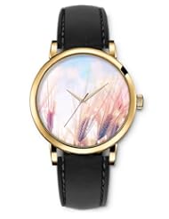 SPRAWL Aanalog Fashion Series Gold Ladies Watches of Genuine Black Leather Strap,Unique Wrist Watch for Women Girls Designed with Branches of wheat