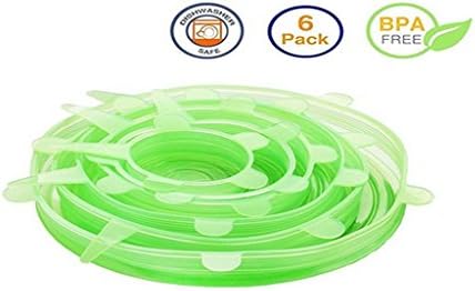 Silicone Stretch Lids 6 pcs Multi Size Reusable Containers Covers for Pots Cans Bowls Mugs and Mason Jars Preserve Food Dishwasher Freezer Safe (green)