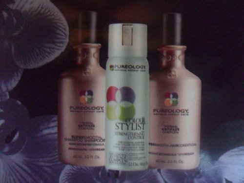 PUREOLOGY SUPER SMOOTH PETTITE LUXURIES NOURISHINE AND SMOOTH KIT SET SHAMPOO/CONDITIONER/SPRAY/CLUTCH SET CUTE TRAVEL SIZE