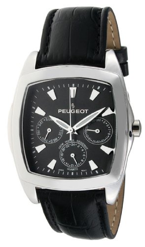 Peugeot Men's Silver-Tone Multi-Function Black Leather Strap Watch #2012BK