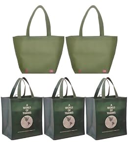 2 Olive Shoulder Tote Bags+3 Printed "A World of Thanks" Reusable Grocery Tote Bag Combo Pack
