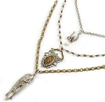 Sweet Romance, Ollipop, Catholic Designer Heavenly Peace Triple Necklace with St. Mary Miraculous Medal. Our New of Heaven &amp; Earth Collection Merges Vintage Sweet Romance Styling with Traditional Spiritual Symbolism. Sculpted Crosses, Rosary Necklaces and Cameo Lockets, As If Strung and Beaded with History, Evoke a Sense They Were Created From Favorite and Personal Bits of Jewelry Accumulated Over Years. In These Uncertain Modern Times, Some Find Hope and Renewal in Familiar and Evocative Symbols of Religion and Love. Mixed Metals of Burnished Silver and Bronze