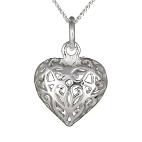 Ladies' Filigree Open Heart Pendant Necklace, Silver Curb Chain, 46cm Length, Model C/SP585