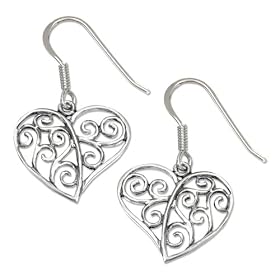 STERLING SILVER FILIGREE HEART EARRINGS ON FRENCH WIRES